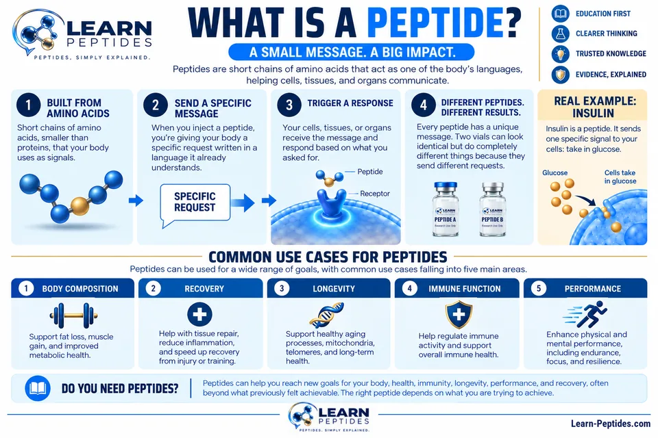 What is a peptide?: a Learn Peptides visual summary in seven panels. Its text is written out below the image.