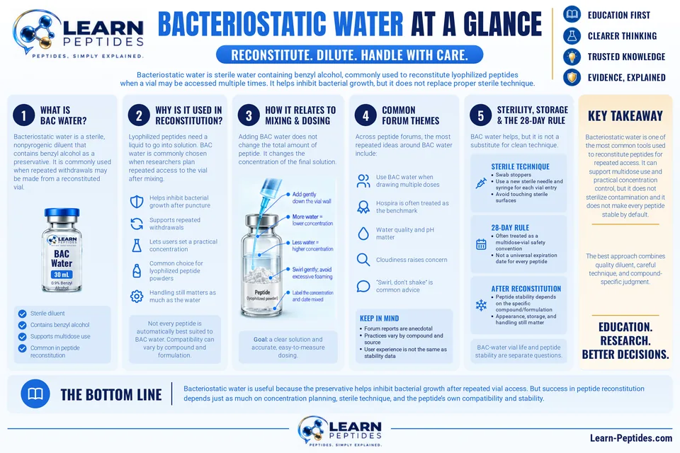 Bacteriostatic Water at a glance: a Learn Peptides visual summary in seven panels. Its text is written out below the image.