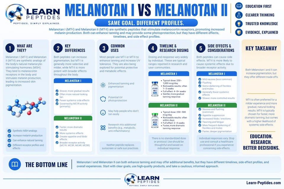 Melanotan I vs Melanotan II: a Learn Peptides visual summary in seven panels. Its text is written out below the image.
