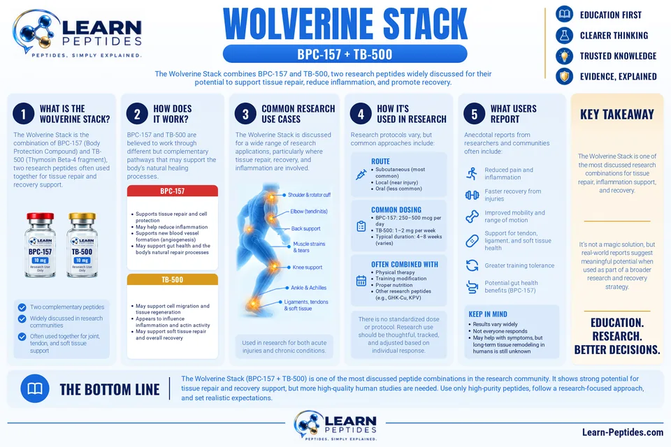 Wolverine Stack at a glance: a Learn Peptides visual summary in seven panels. Its text is written out below the image.